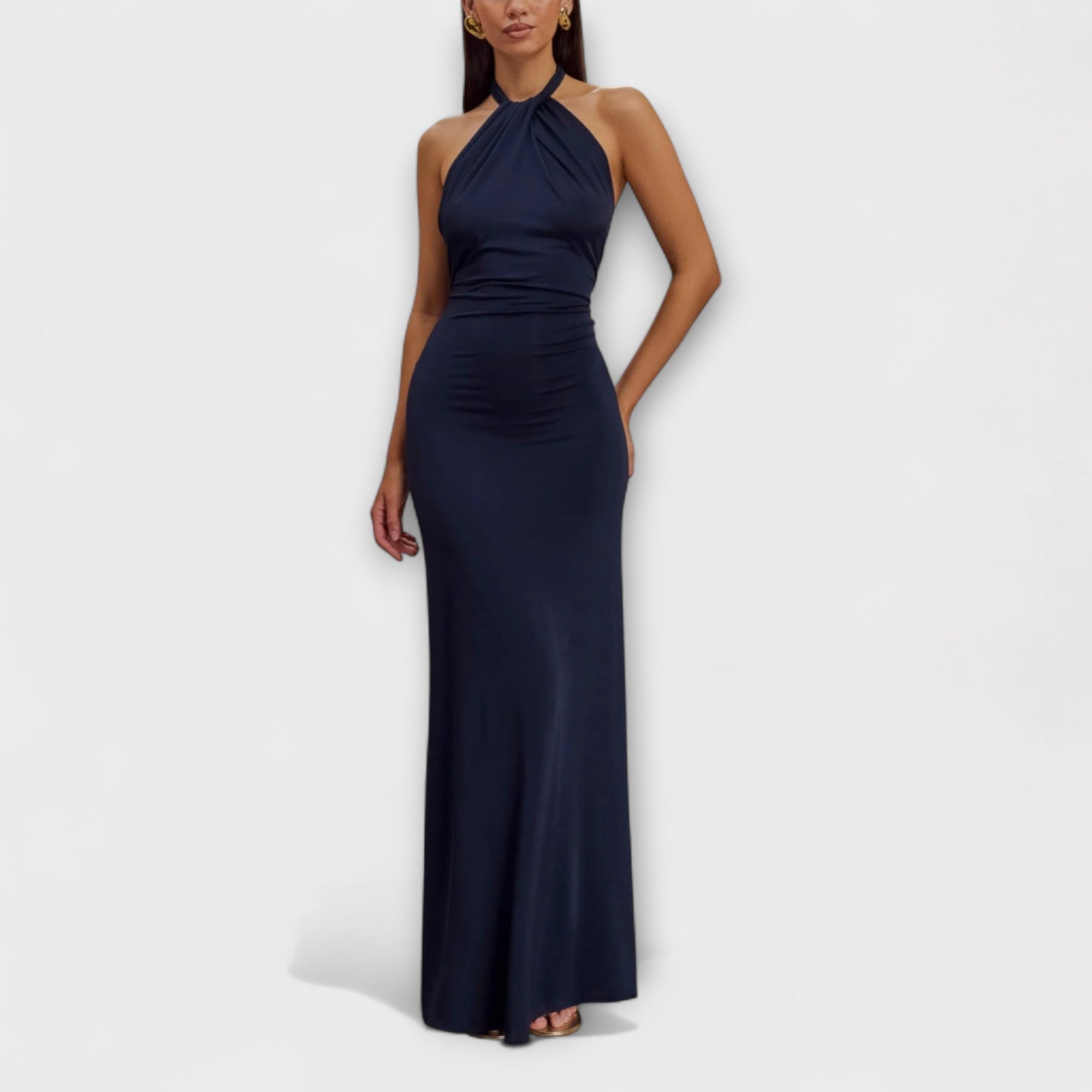 Vestido Largo con Lazo en el Cuello y Textura de Satén