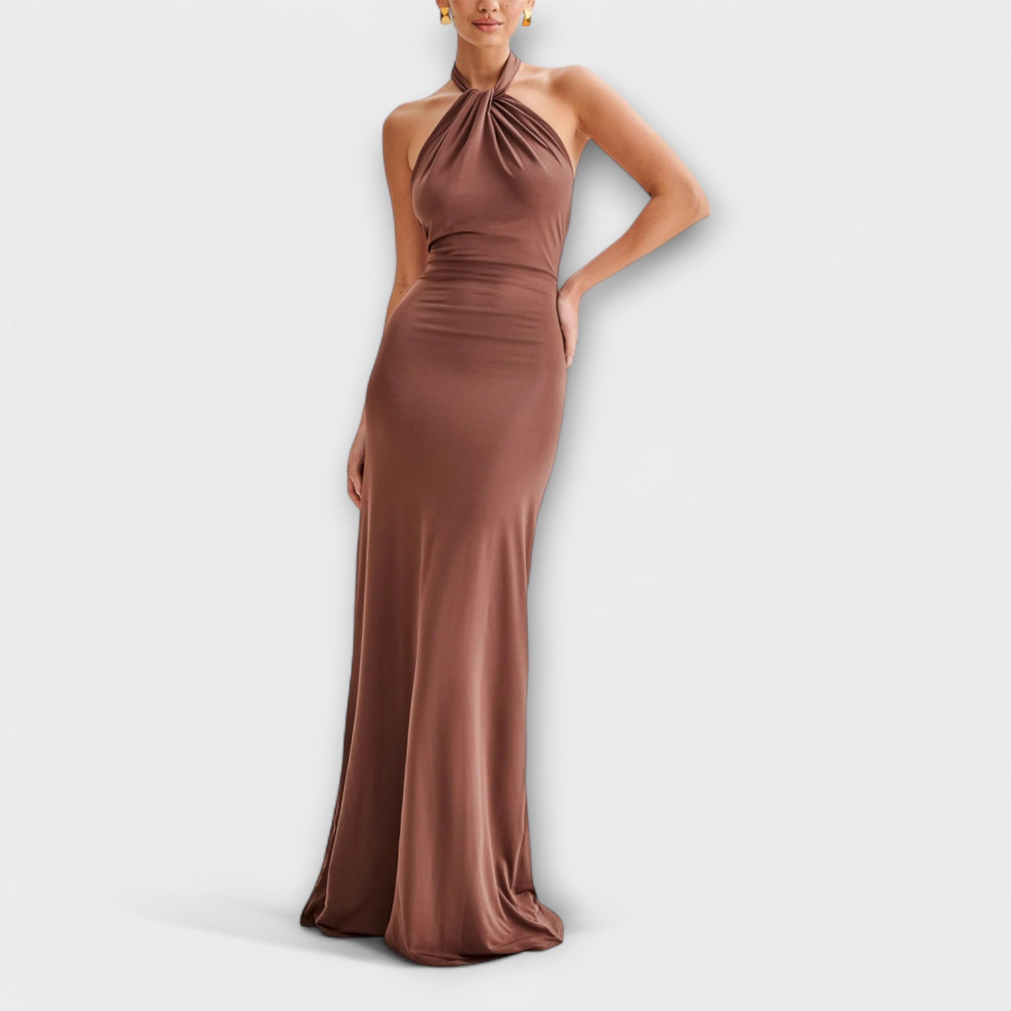 Vestido Largo con Lazo en el Cuello y Textura de Satén