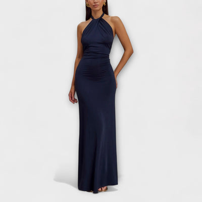 Vestido Largo con Lazo en el Cuello y Textura de Satén