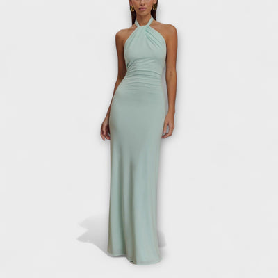 Vestido Largo con Lazo en el Cuello y Textura de Satén