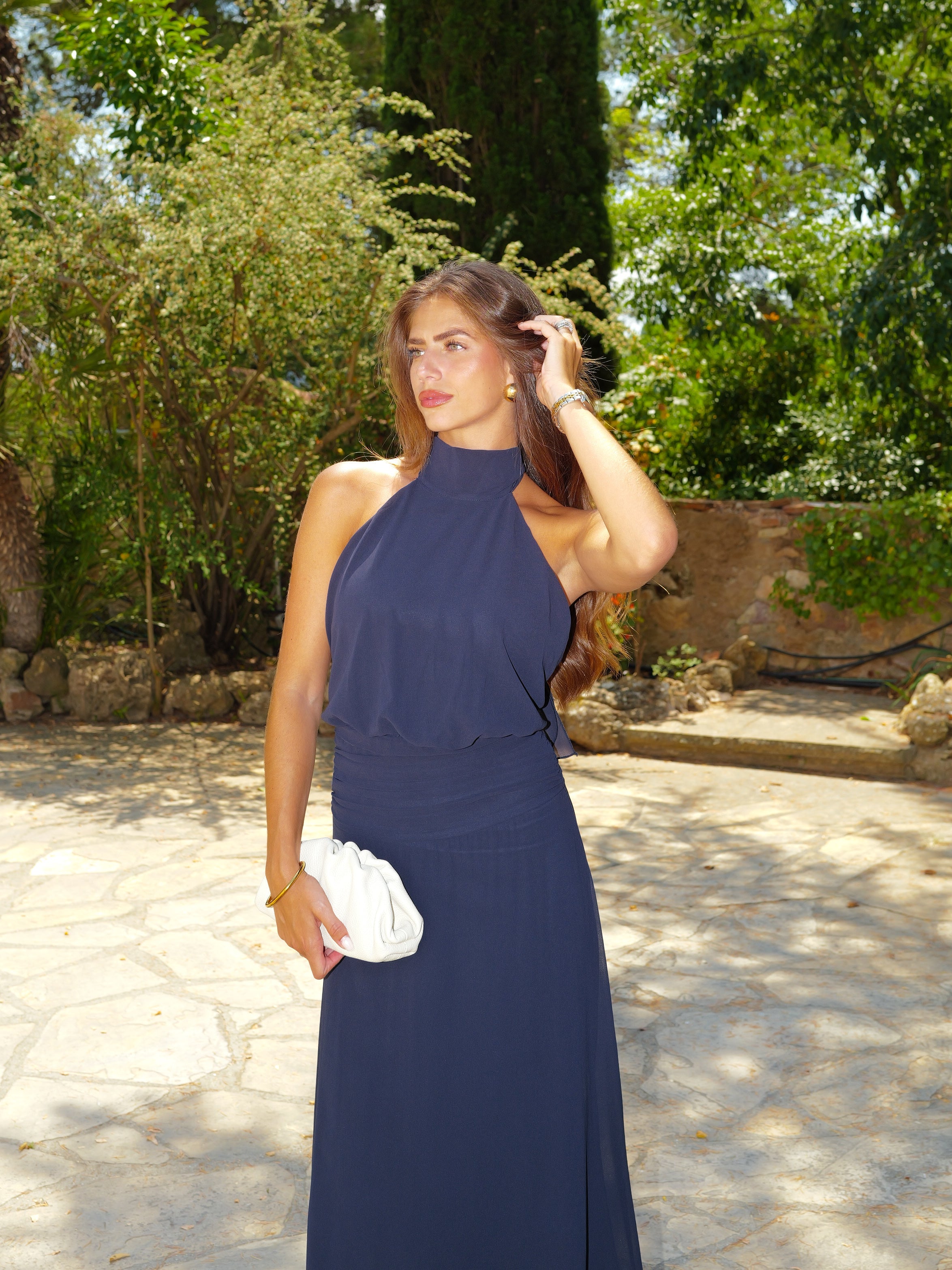 Vestido halter cintura drapeado marino