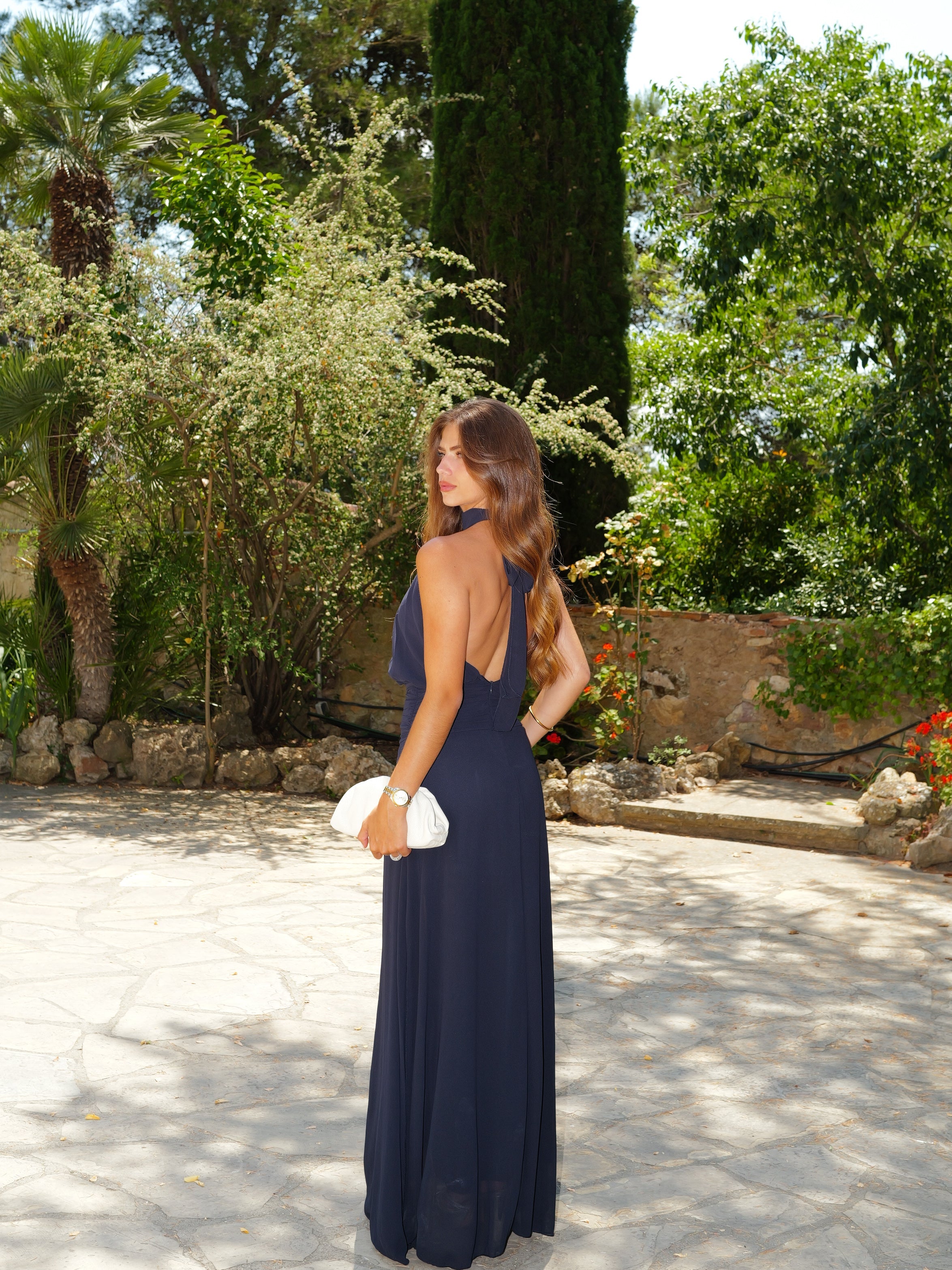 Vestido halter cintura drapeado marino